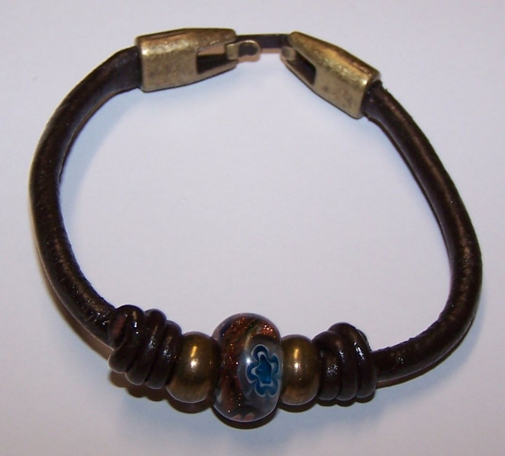 Brazalete Pulsera 14 Cuero 4mm Bola Pandora 2 Bolas Metal Oro Viejo Hecho a Mano